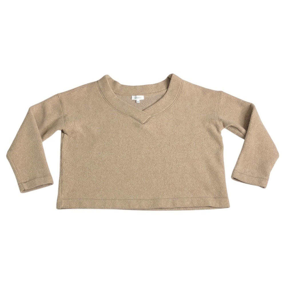 Haven Well Within Fleece Sweater Women M Brown Oversized Boxy Crop V-Neck Lounge